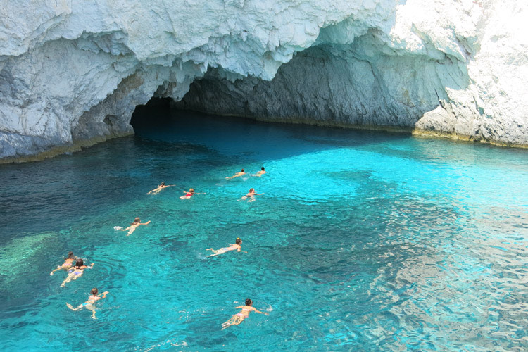 Cliffs and sea caves on the Zakynthos coastline